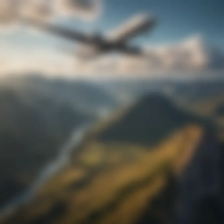 A scenic view of an airplane flying over a beautiful landscape, symbolizing travel and exploration.