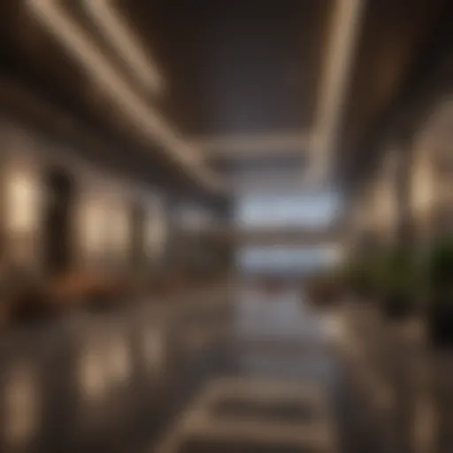 A modern hotel lobby showcasing advanced technology and elegant design.