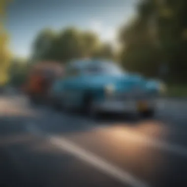 A tow truck assisting a classic car on the roadside