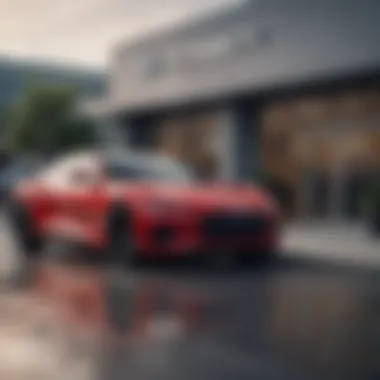 A sleek car parked in front of a dealership showcasing available vehicle options.