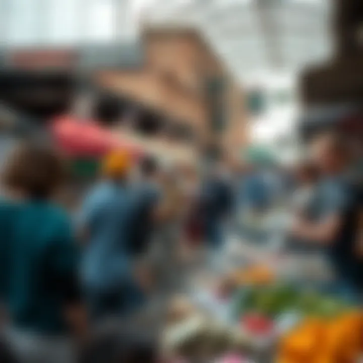 A thriving local market with diverse vendors and community members interacting