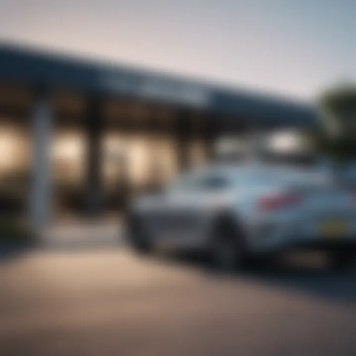 A sleek new car parked outside a dealership with a 'For Sale' sign.