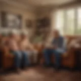 An elderly caregiver lovingly interacting with her grandchildren in a cozy living room.