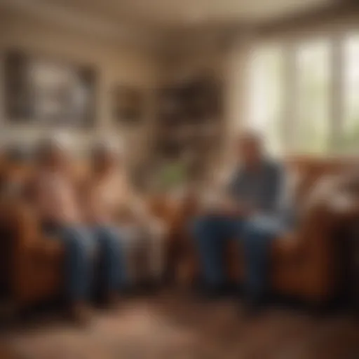 An elderly caregiver lovingly interacting with her grandchildren in a cozy living room.