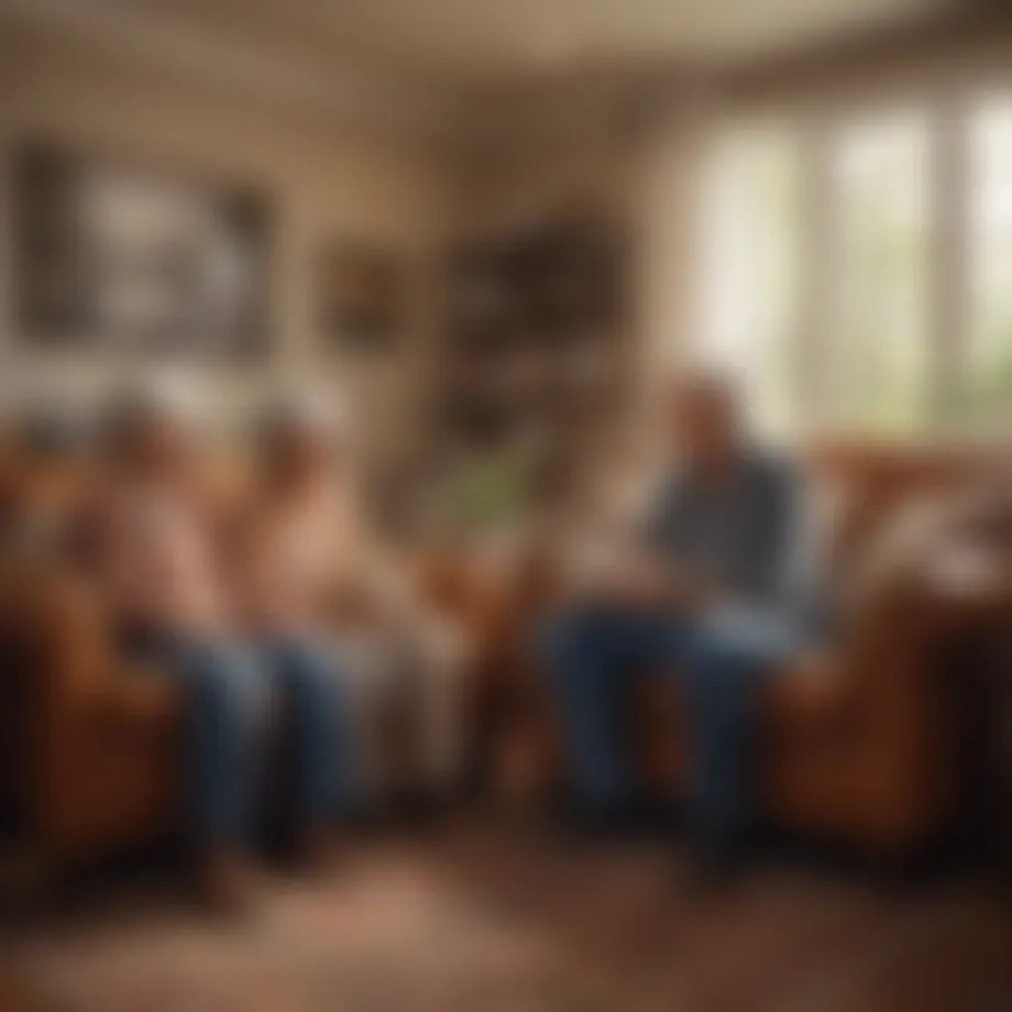 An elderly caregiver lovingly interacting with her grandchildren in a cozy living room.