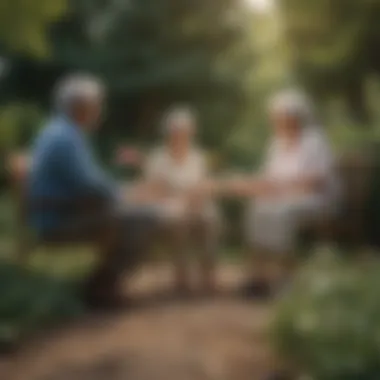 A serene outdoor scene with a grandparent and grandchildren enjoying time together, symbolizing the joys of caregiving.