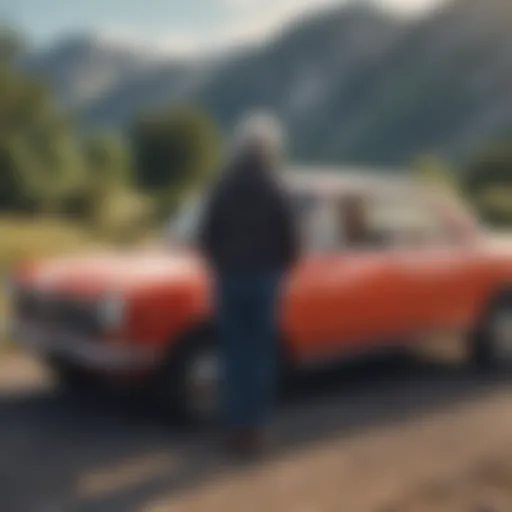 A serene landscape featuring a retired couple evaluating car options