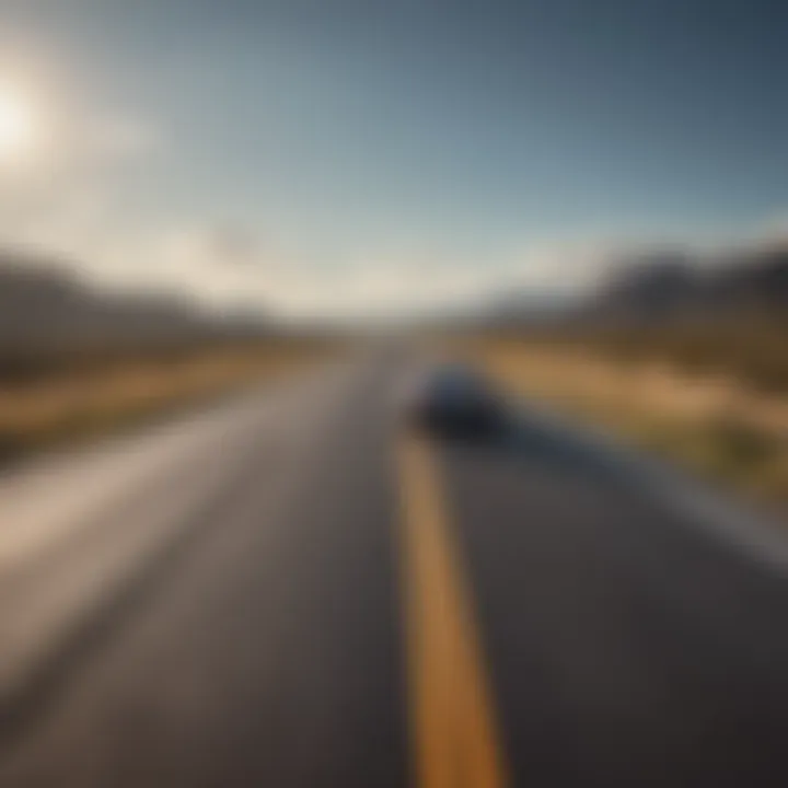 An open highway stretching into the distance, signifying the freedom of driving a loaned vehicle.