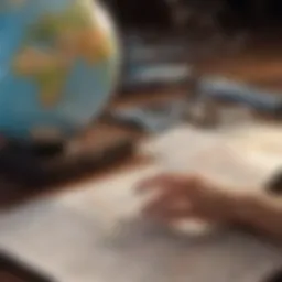 A traveler examining travel insurance documents with a world map in the background