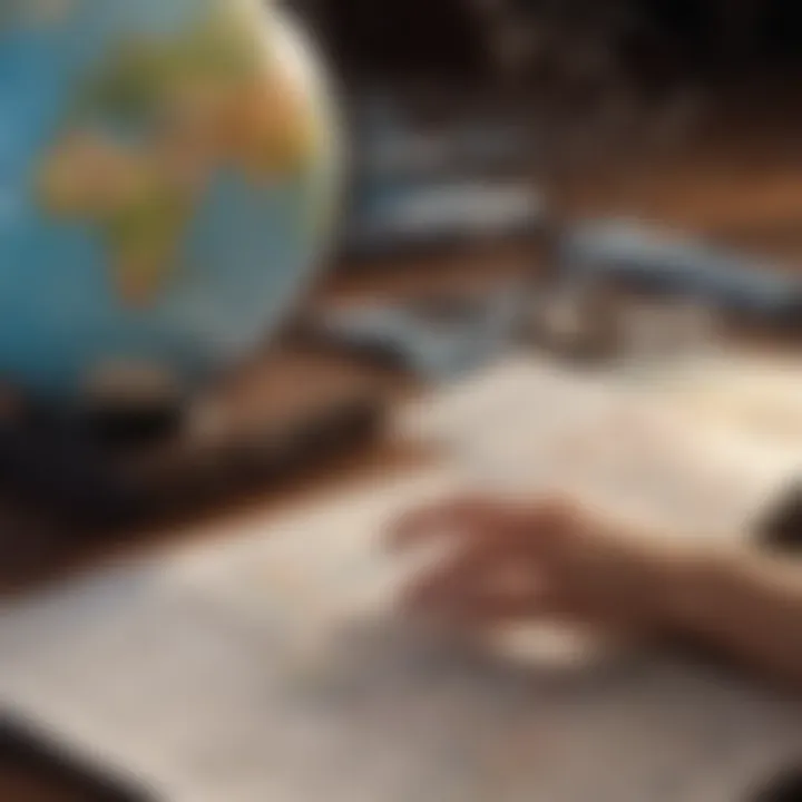 A traveler examining travel insurance documents with a world map in the background