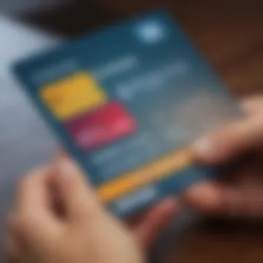 A person analyzing their credit score report with a secured card in hand