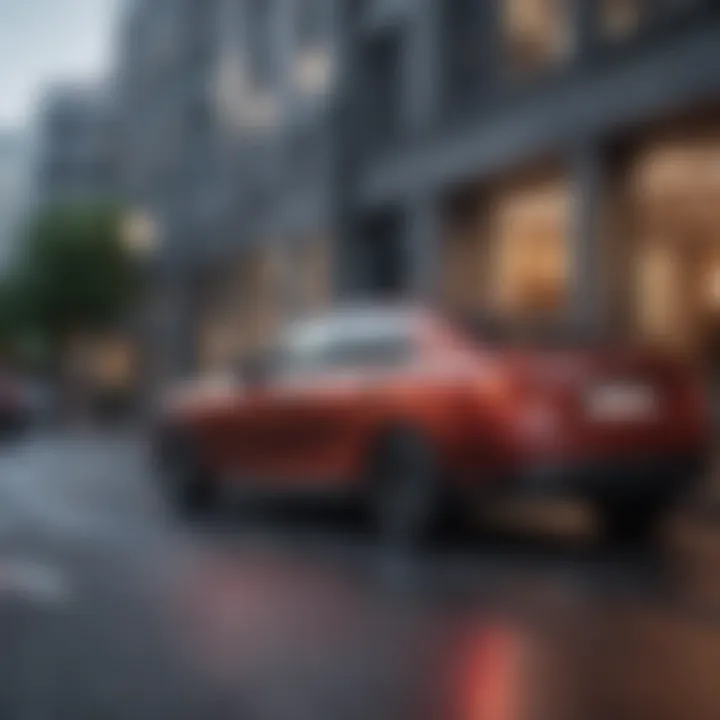 A modern car parked outside a financial institution, symbolizing car leasing options.