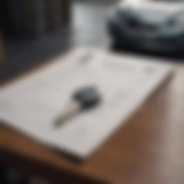 A close-up of a car key on a table with insurance papers