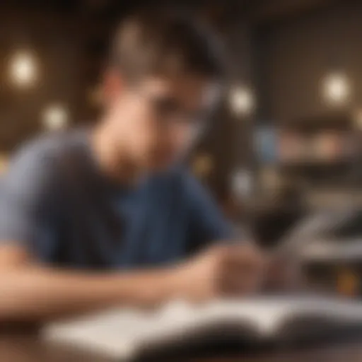 A teenager reading a finance book with a notebook and pen.