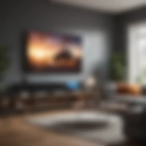 A futuristic living room setup with a smart TV displaying a streaming app interface.