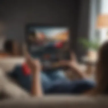 An individual enjoying a captivating show on a tablet while lounging on a couch.