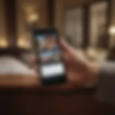 A traveler using a smartphone to track loyalty points at a hotel