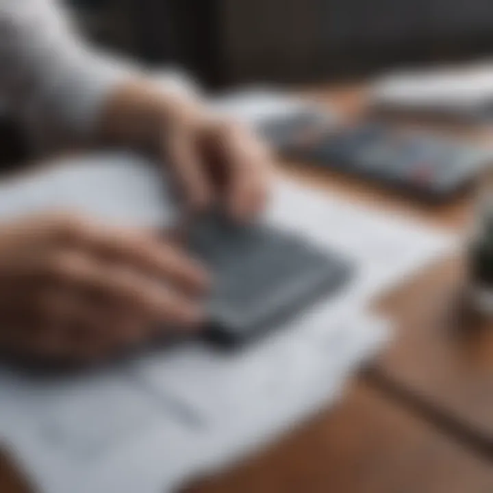 A person analyzing financial options with a calculator and documents.