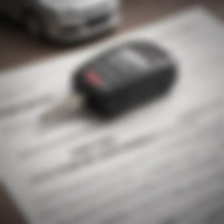 A close-up of a car key beside an insurance policy document