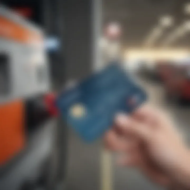 A close-up of a credit card being swiped at a gas station