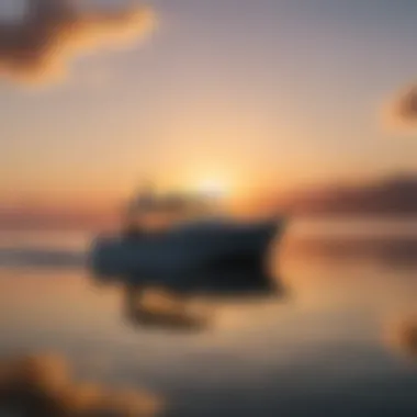 A serene boat gliding over calm waters at sunset