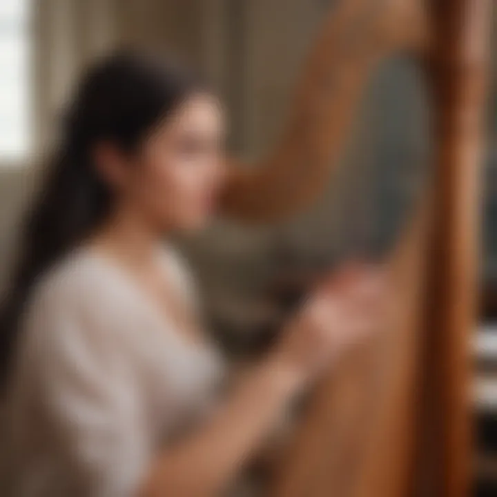 A student attentively learning to play the harp with a teacher's guidance.