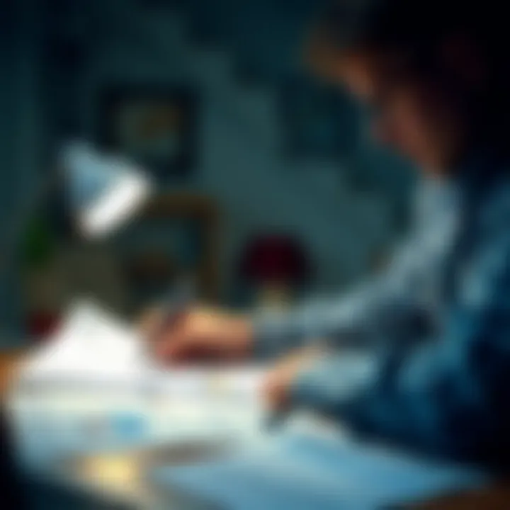 Close-up of a homeowner reviewing insurance documents at a desk