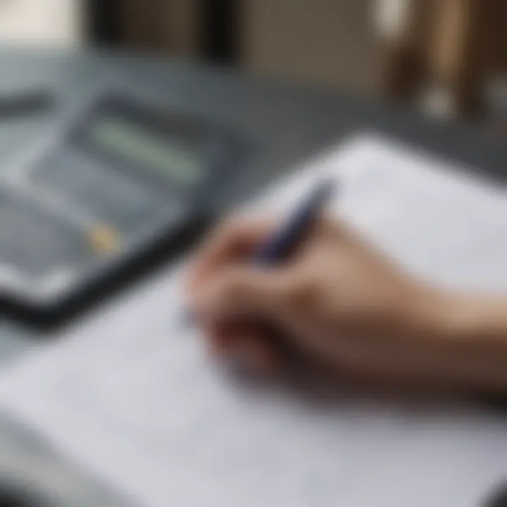 An individual analyzing insurance documents with a calculator and notebook, representing financial planning for health coverage.