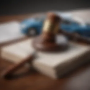 A legal gavel resting on a stack of automobile insurance regulations.