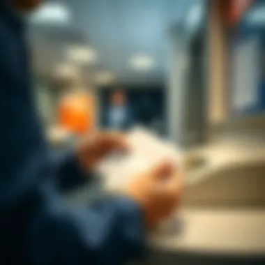 A person using a cash deposit envelope at a Navy Federal branch