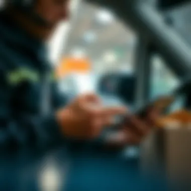 Technology in Food Delivery Close-up of a delivery driver using a smartphone