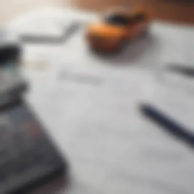 A calculator and financial documents on a desk, representing budgeting for a car purchase.