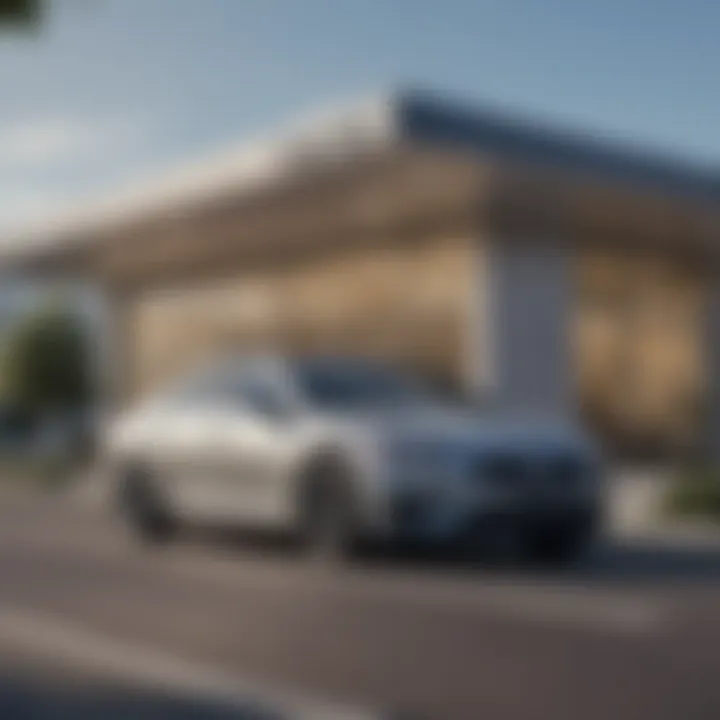 A sleek car parked in front of a modern dealership, symbolizing new opportunities.