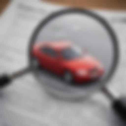 A close-up of a car insurance policy document with a magnifying glass.