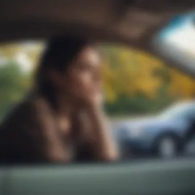 An individual contemplating their car insurance options while sitting in a parked vehicle.