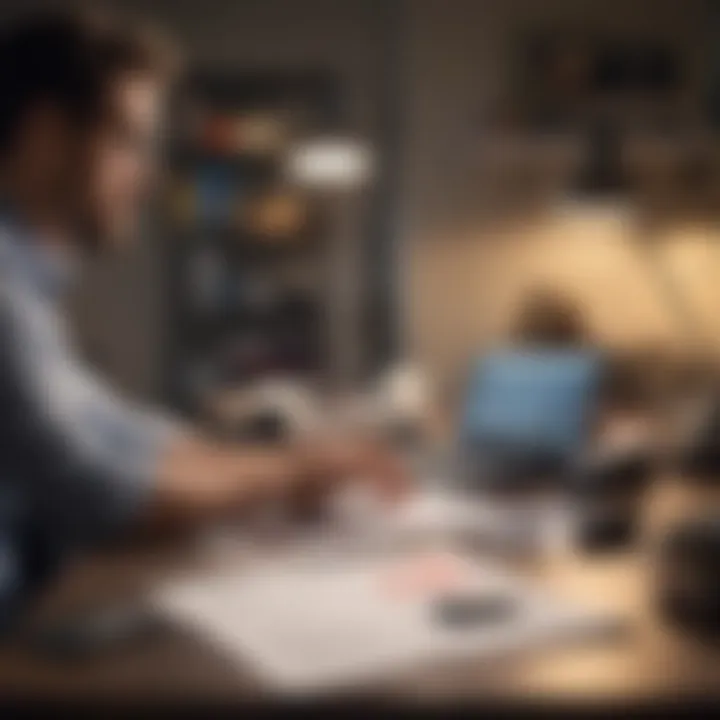 A person contemplating financial decisions with a laptop and calculator in an organized workspace.