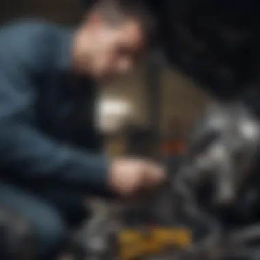 A mechanic examining a car engine with tools laid out