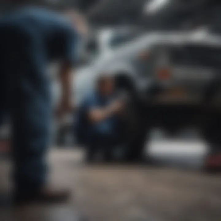 A mechanic inspecting a vehicle under the hood.