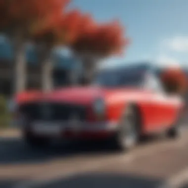 An elegant red car parked under a clear blue sky