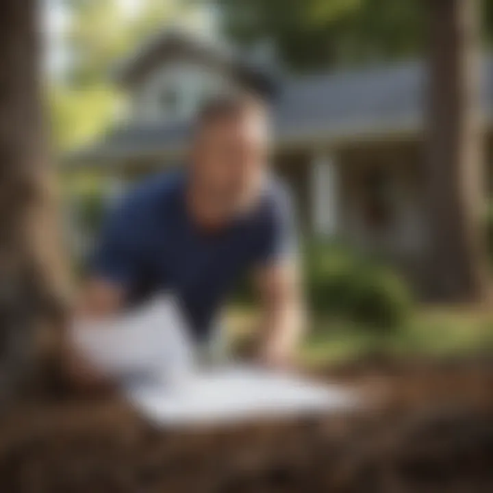 An illustration of a homeowner reviewing their insurance policy with a focus on tree removal coverage.