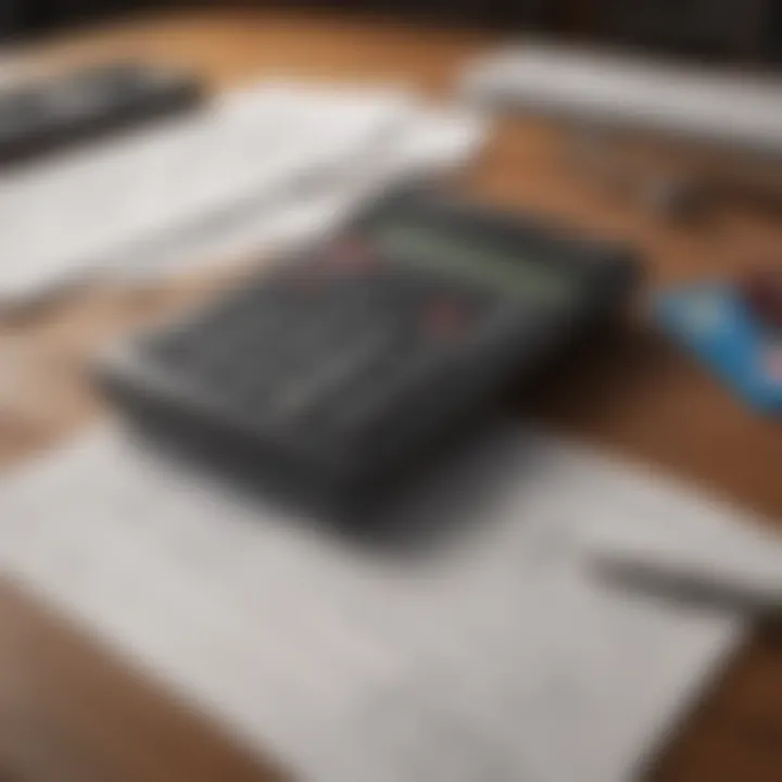 A calculator and budget sheet on a wooden table.