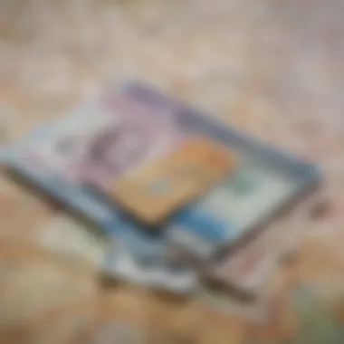 A close-up of various currency notes and a credit card on a travel map