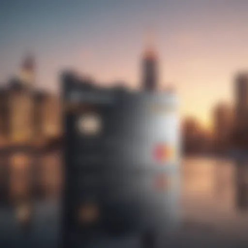 A scenic view of a foreign city skyline with a credit card in the foreground