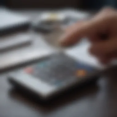 An individual reviewing credit card statements with a calculator