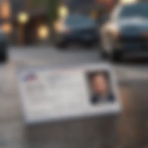 A close-up of a driver's license document with a blurred car in the background.