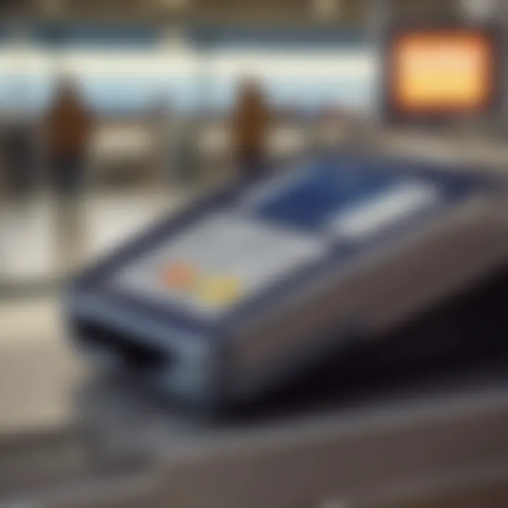 A close-up shot of a credit card reader in an airport, reflecting travel convenience.