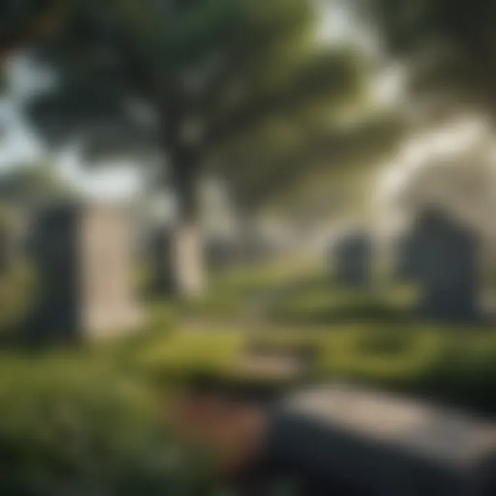 A serene cemetery landscape showcasing well-kept headstones and lush greenery.