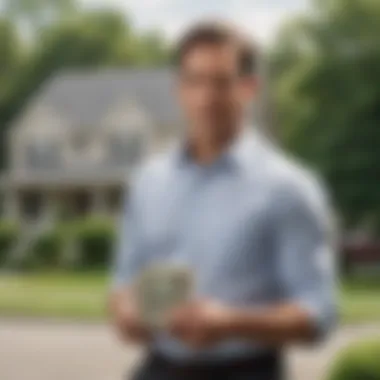 A homeowner contemplating financial decisions, with a house in the background symbolizing home equity.