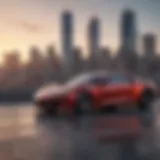 A sleek performance car parked under a city skyline at sunset