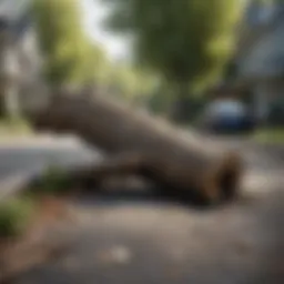 A fallen tree blocking a residential driveway